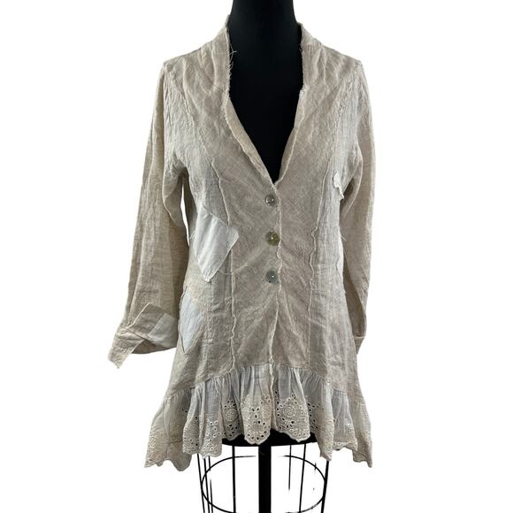 Blu Betty Beige Linen Shirt Dress Button Front Stand-Up Collar Ruffle Hem M? - Picture 1 of 9